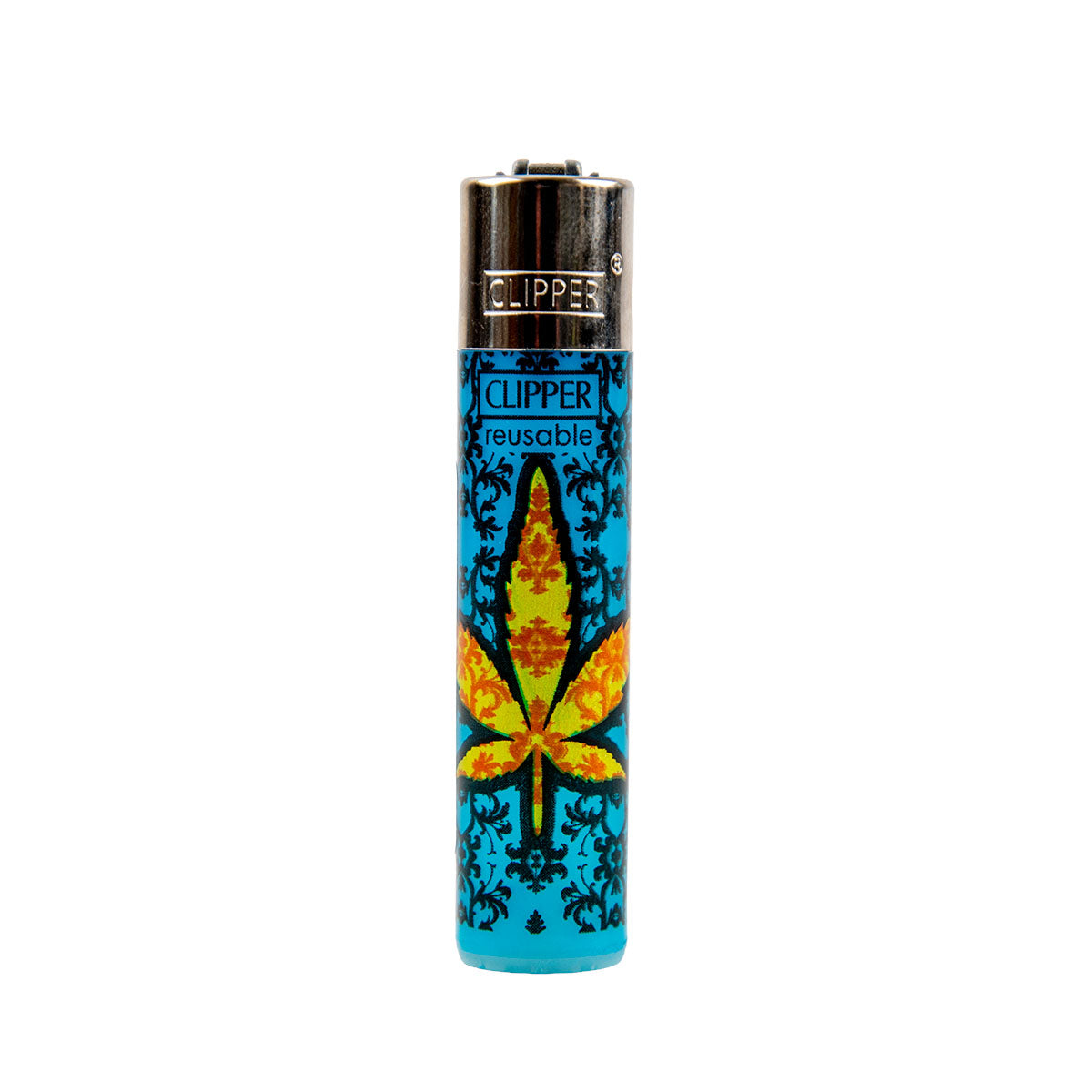 Clipper lighter with cannabis leaf design on a white background