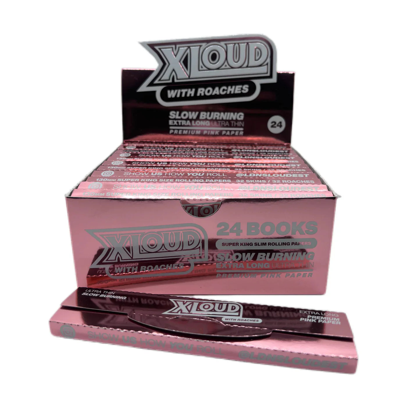 Box of XLOUD pink rolling paper with visible branding and product details.