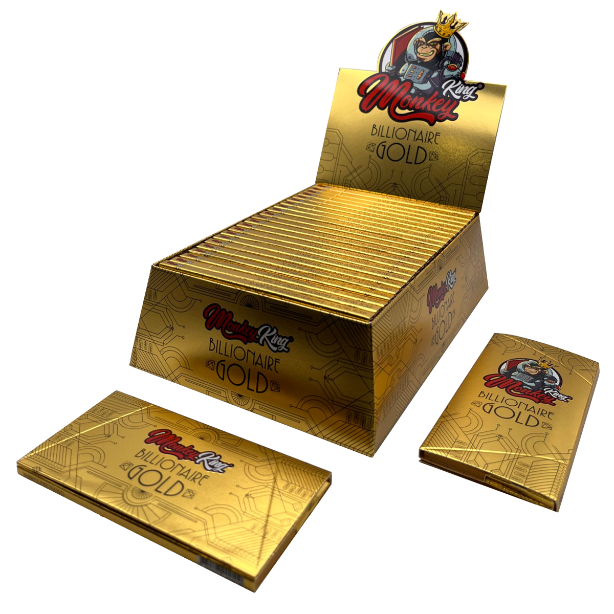 Gold packaging of Monkey King Billionaire Gold cigarettes with brand logo on a white background