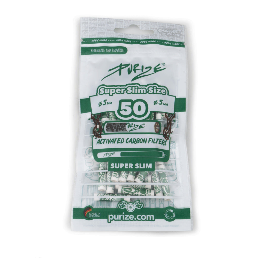Pack of Purize activated carbon filters with green and white design on a white background