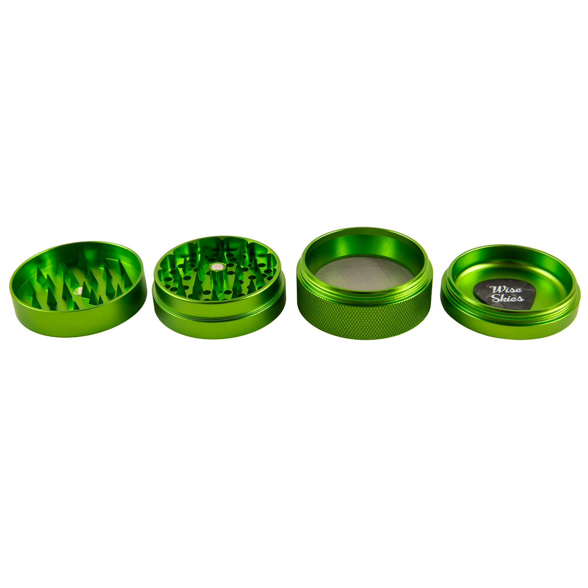 Green metal grinder with four parts on a white background