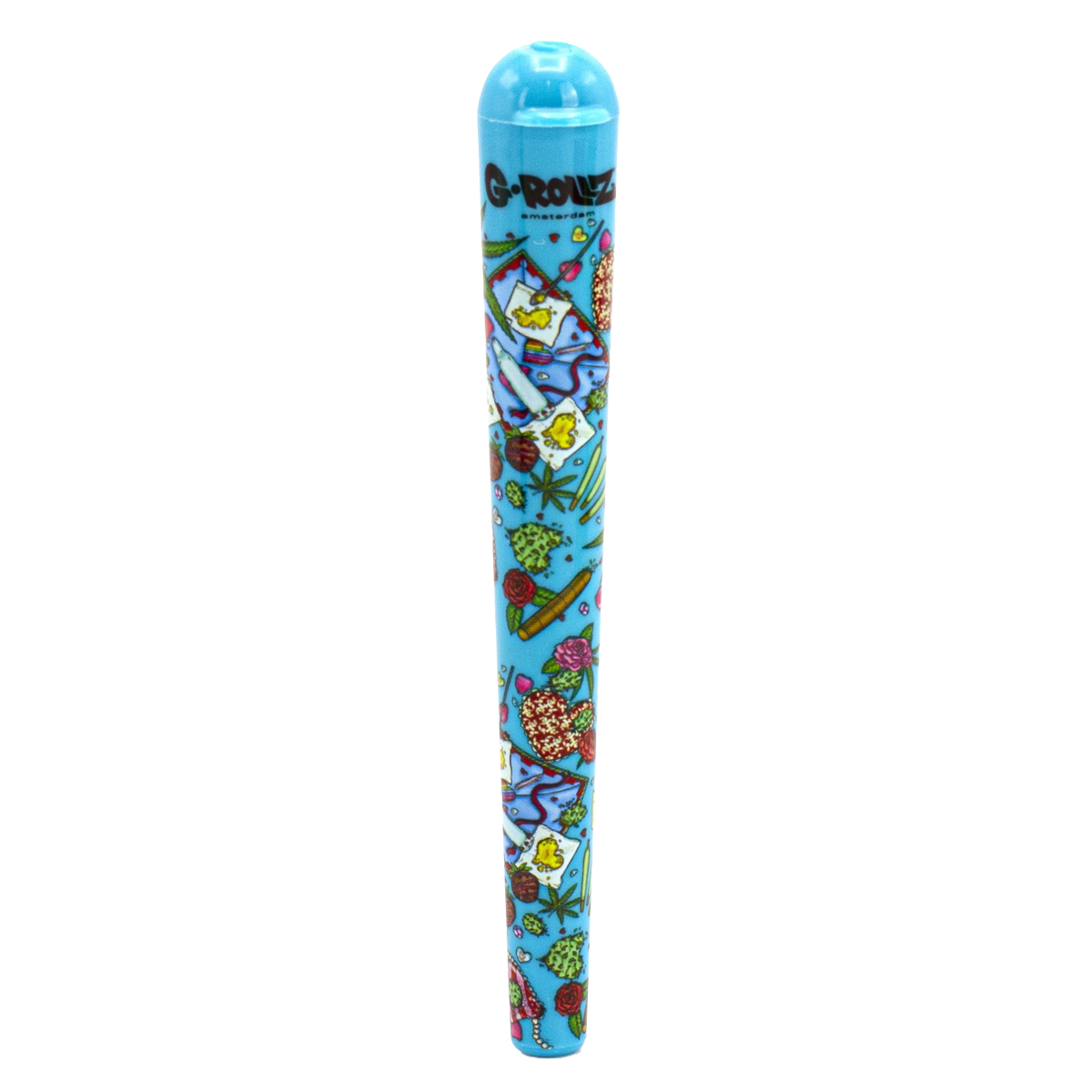 Colorful cylindrical object with cartoon designs on a white background