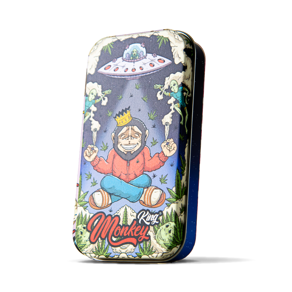 Phone case with a colorful design featuring a monkey, UFO, and skeletons on a white background