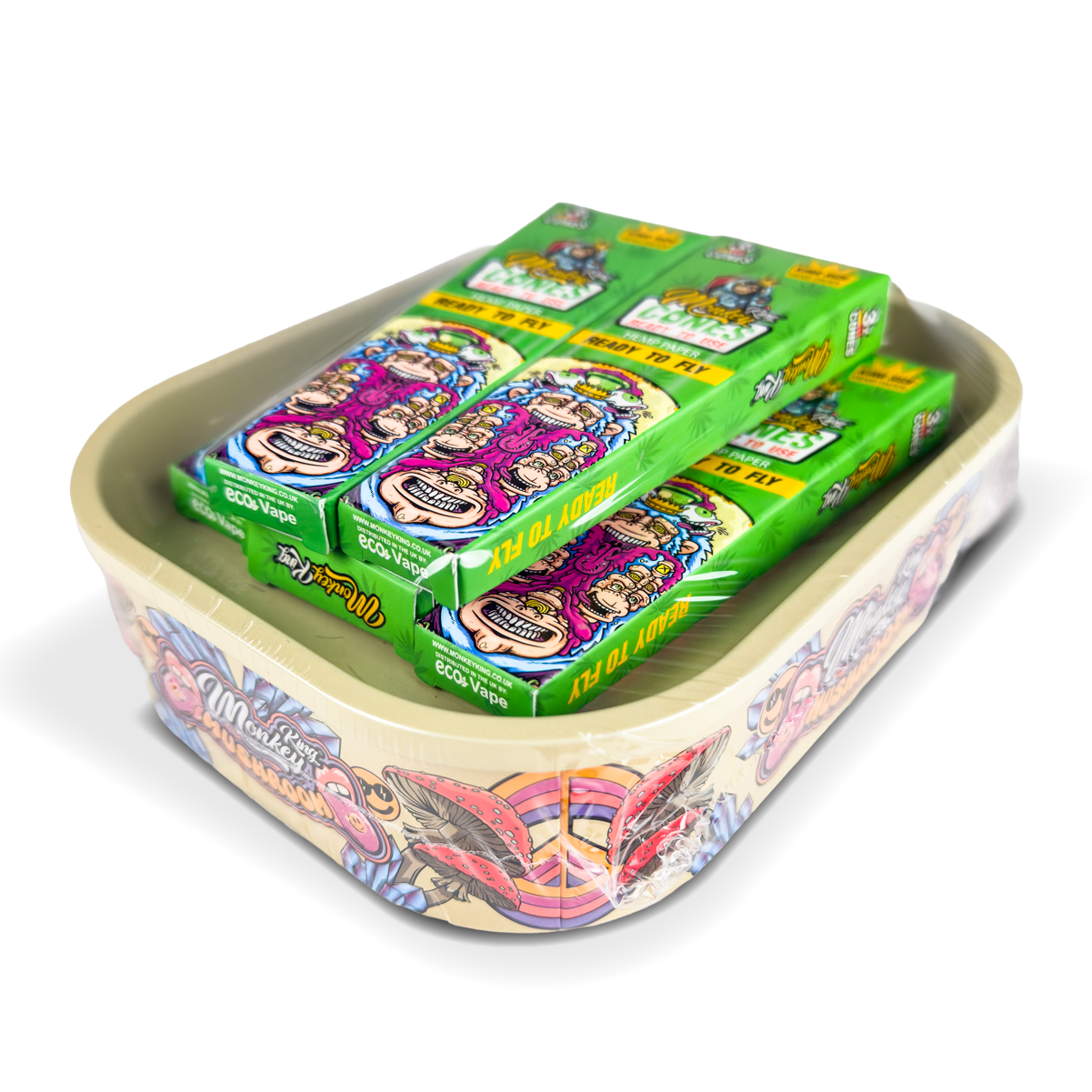 Green boxes with colorful designs on a decorative tray