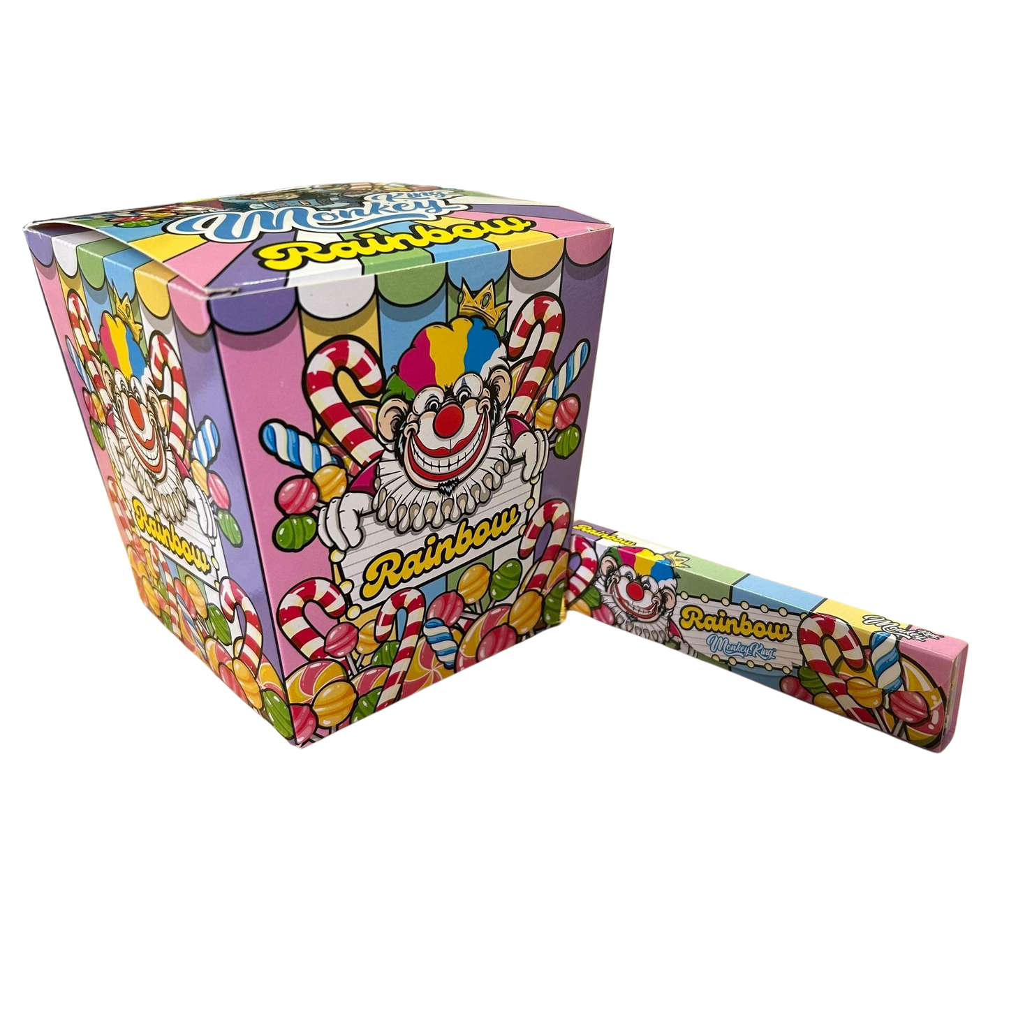 Colorful candy packaging with clown design on a white background