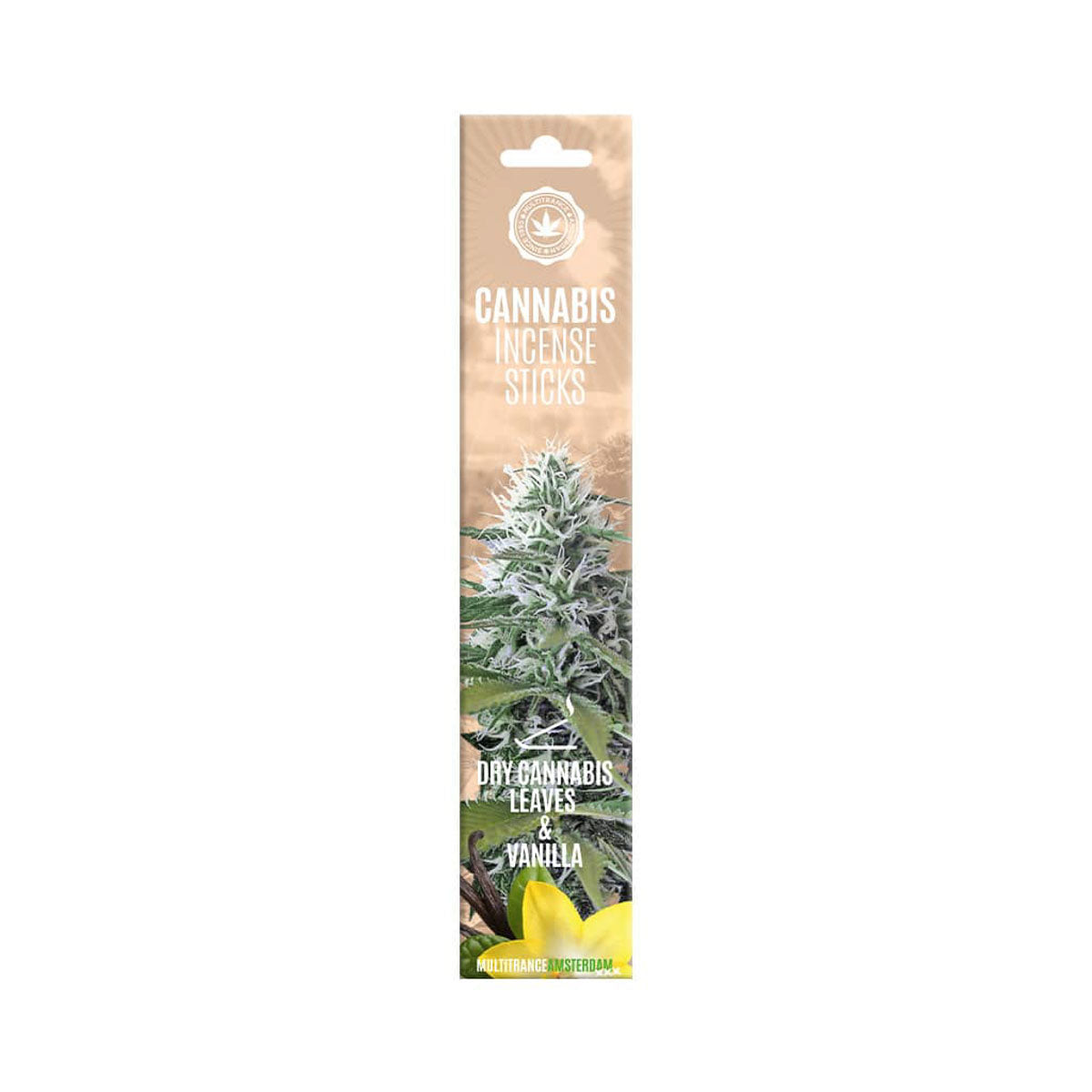 Pack of cannabis incense sticks with packaging design on a white background