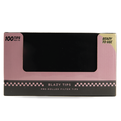 Box of Blazy Tips pre-rolled filter tips with pink and black design.