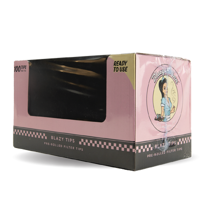 Pink packaging box with a window for displaying pre-rolled filter tips on a white background