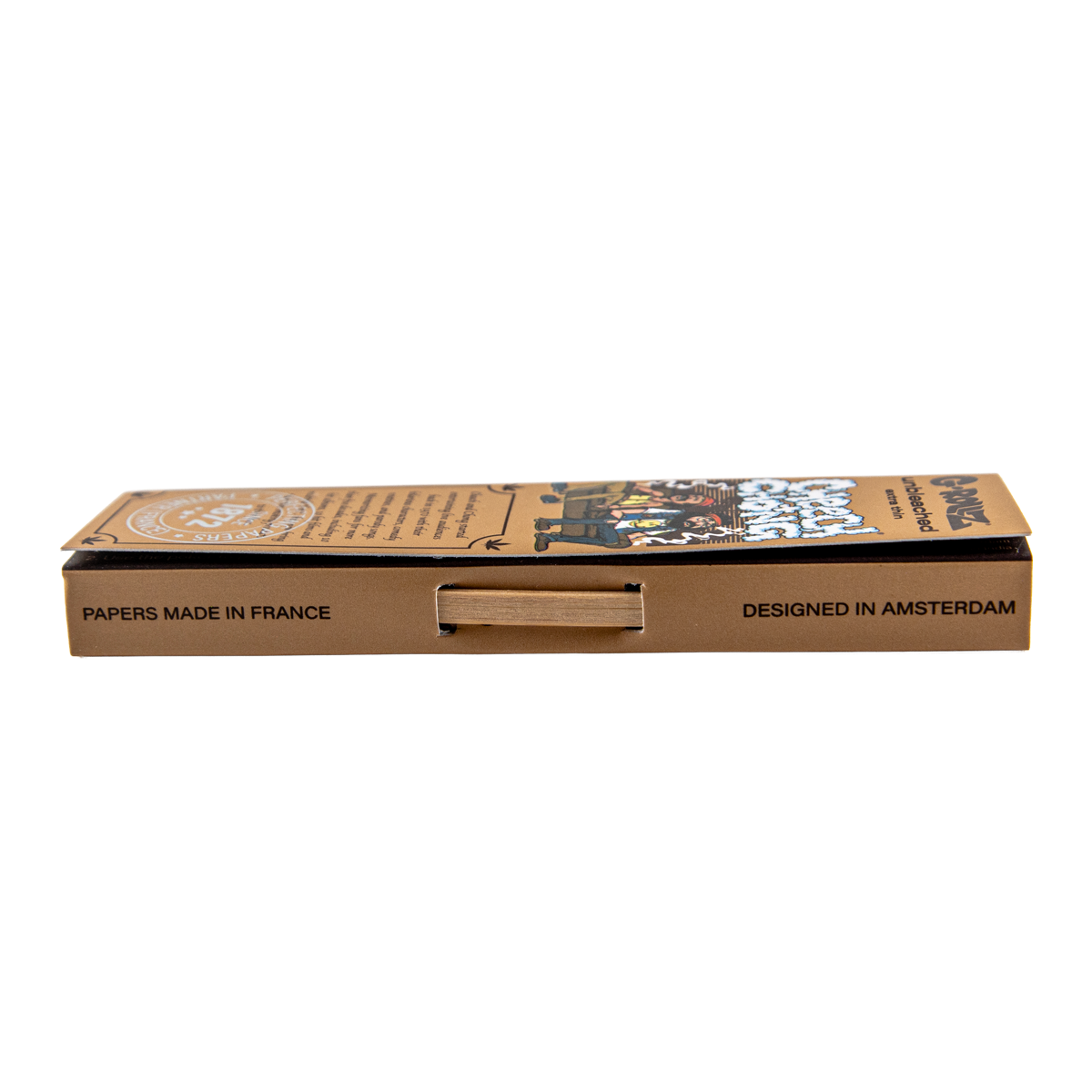 Cardboard packaging with text on a white background