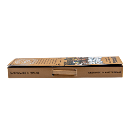 Cardboard packaging with text on a white background