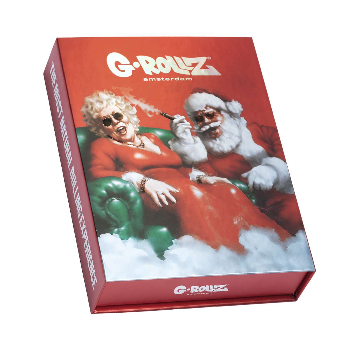 G-Rollz Amsterdam product packaging with a humorous design of a smoking Santa Claus.