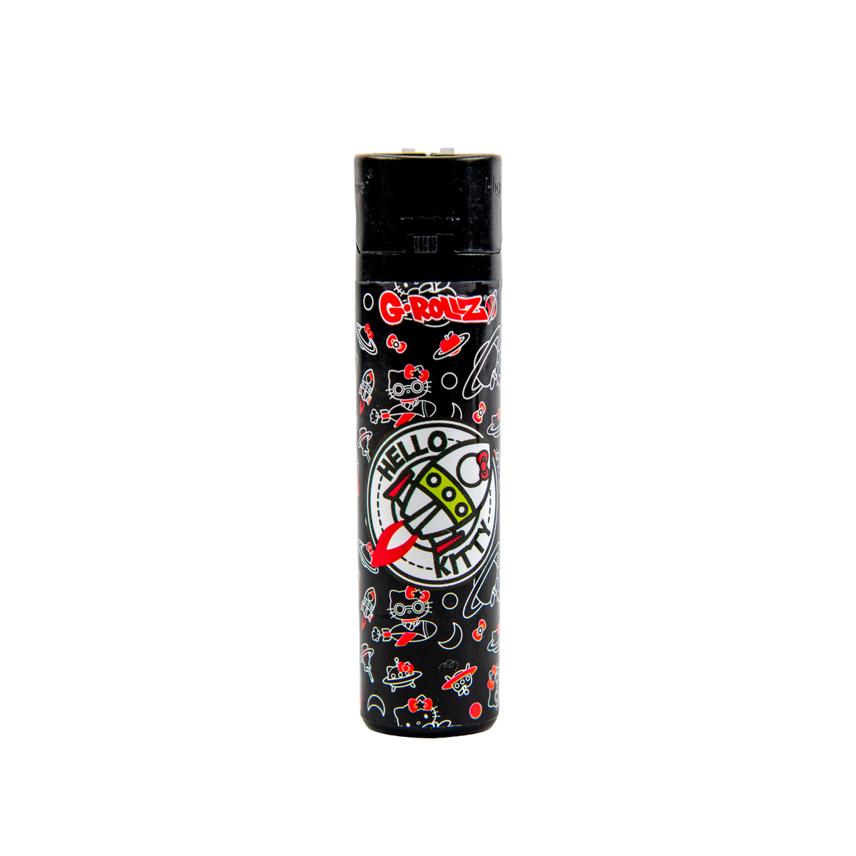 Black cylindrical lighter with colorful graphics on a white background
