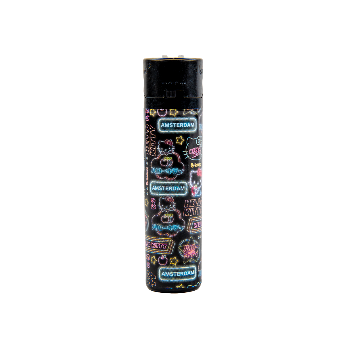 Lighter with colorful designs and 'Amsterdam' branding on a white background