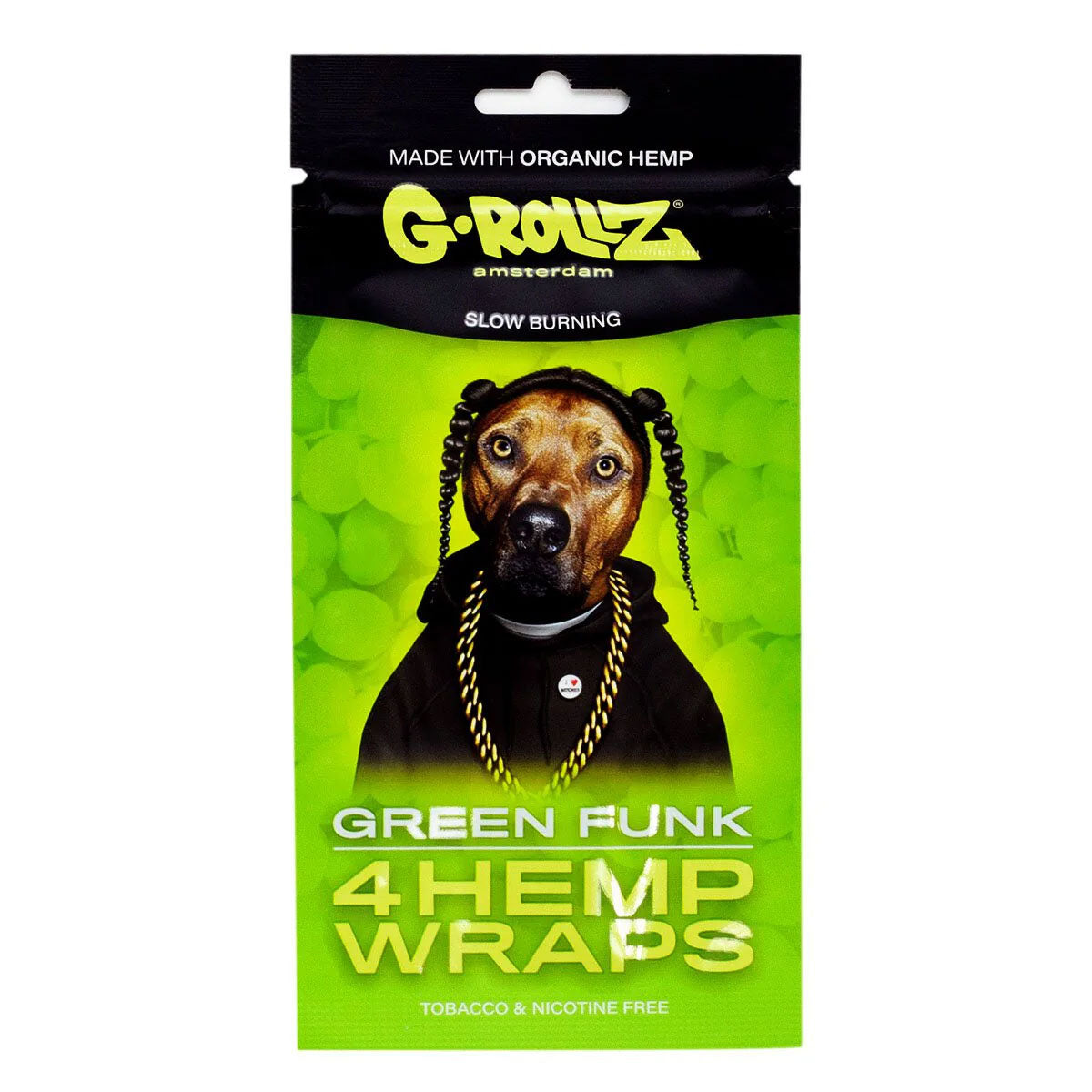 Pack of G-Rollz Hemp Wraps with a dog wearing a hoodie and chains on a green background