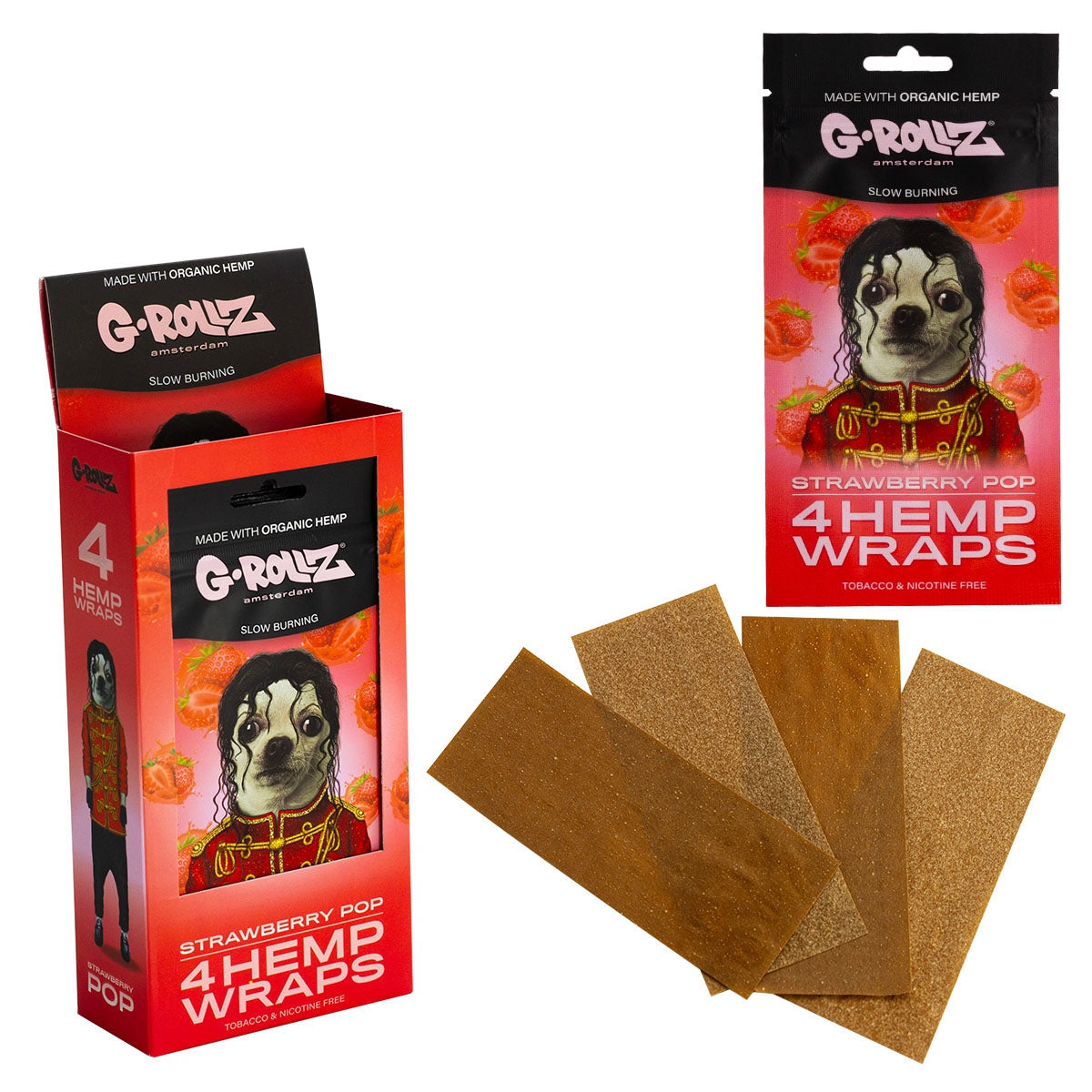 G-Rollz Strawberry Pop 4 Hemp Wraps packaging with product display
