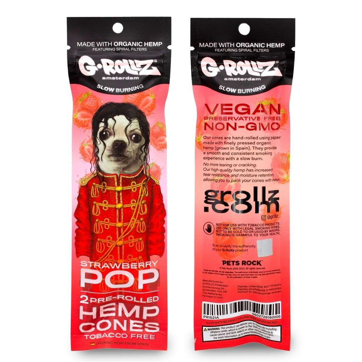 Two packages of G-Rollz pre-rolled hemp cones with a dog illustration on a white background.