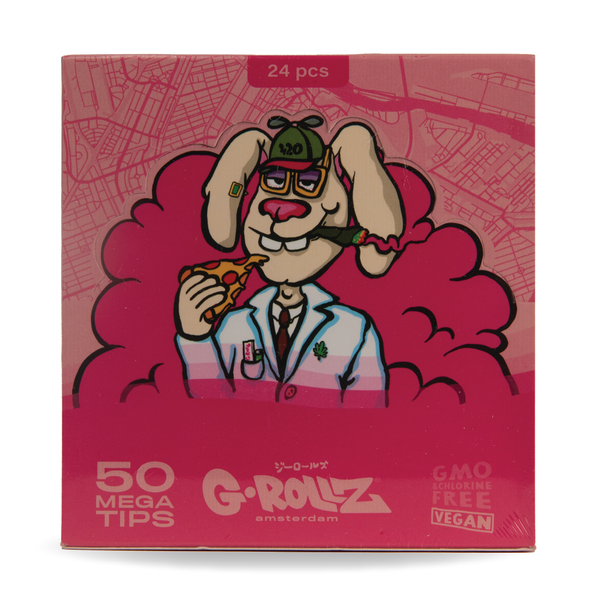 G-Rollz product packaging with cartoon character on a pink background