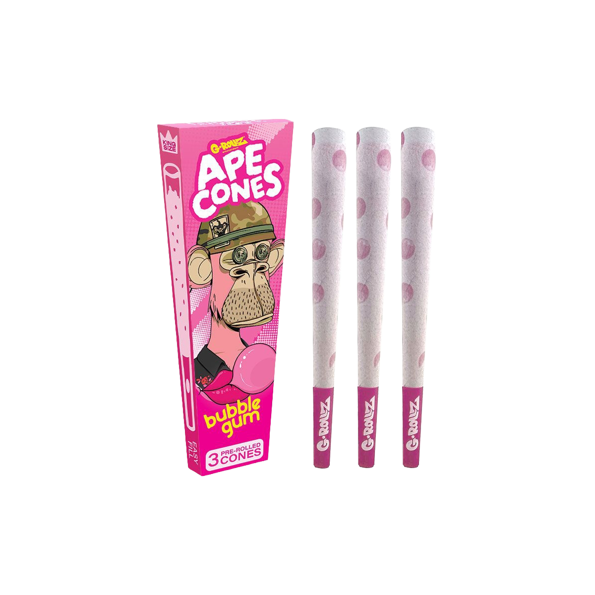 Bubble gum cones packaging with pink and white design on a white background