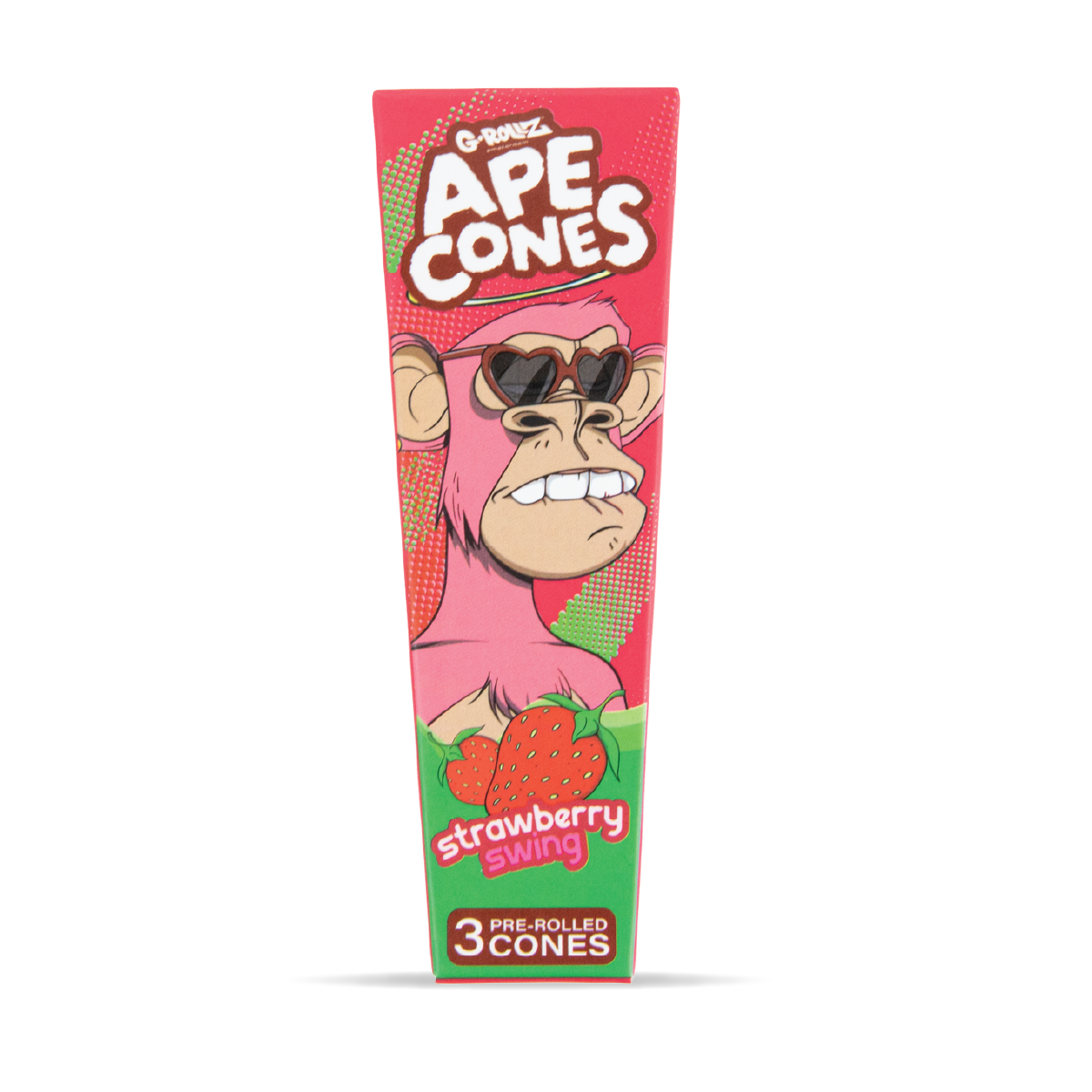 Box of Ape Cones Strawberry Swing pre-rolled cones with a cartoon monkey design on a white background.