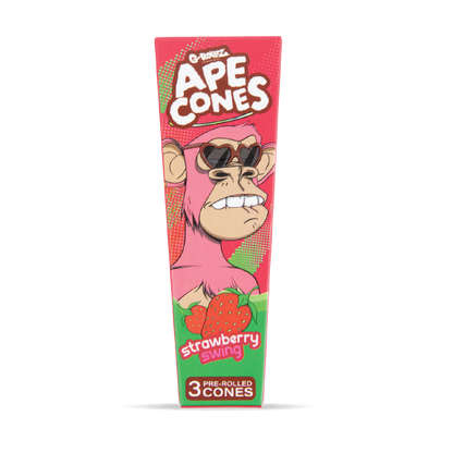 Box of Ape Cones Strawberry Swing pre-rolled cones with a cartoon monkey design on a white background.