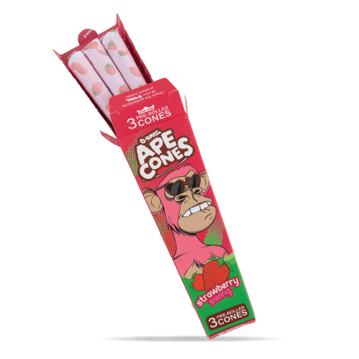 Box of Ape Cones strawberry-flavored pre-rolled cones on a white background