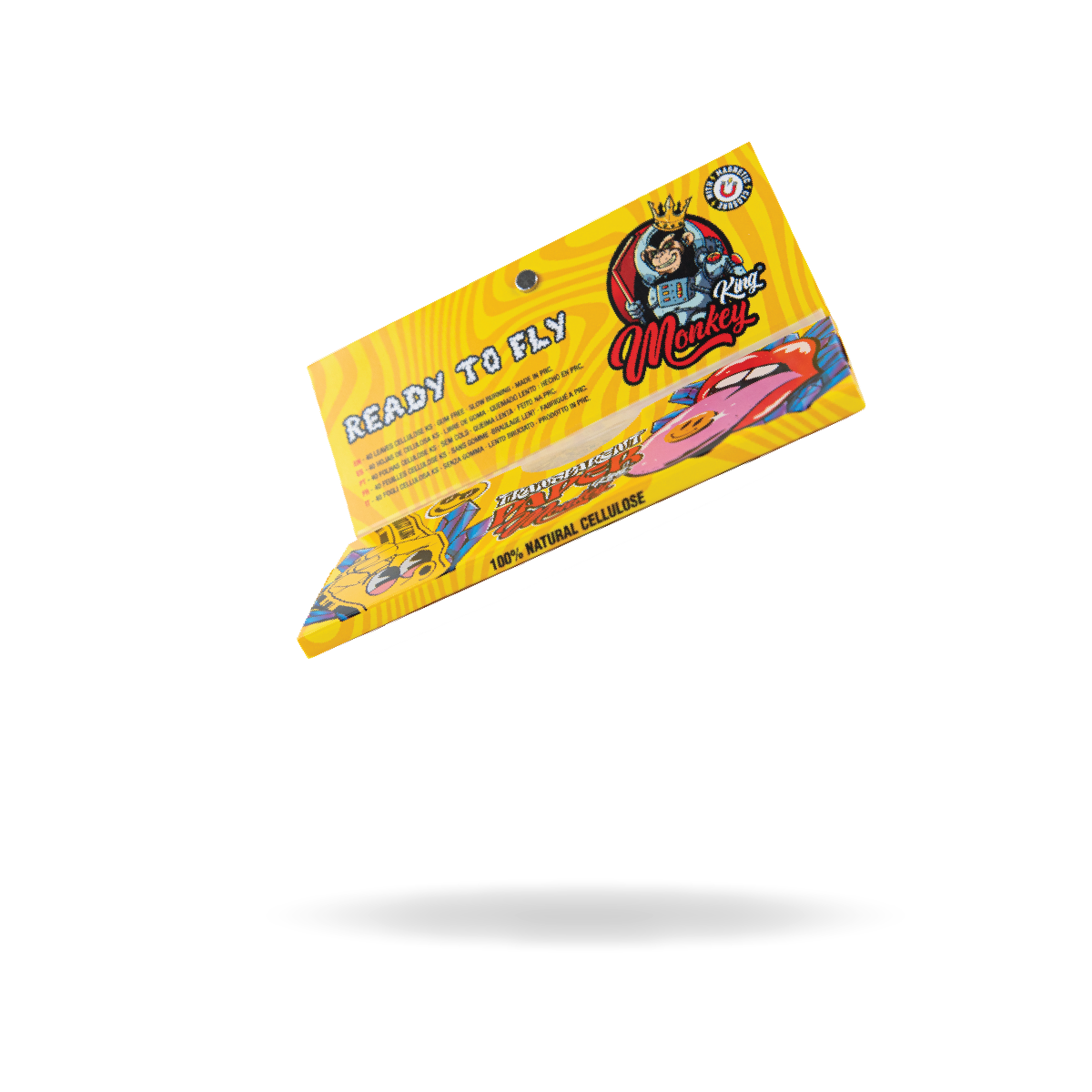 Yellow package with cartoon character and text on a white background