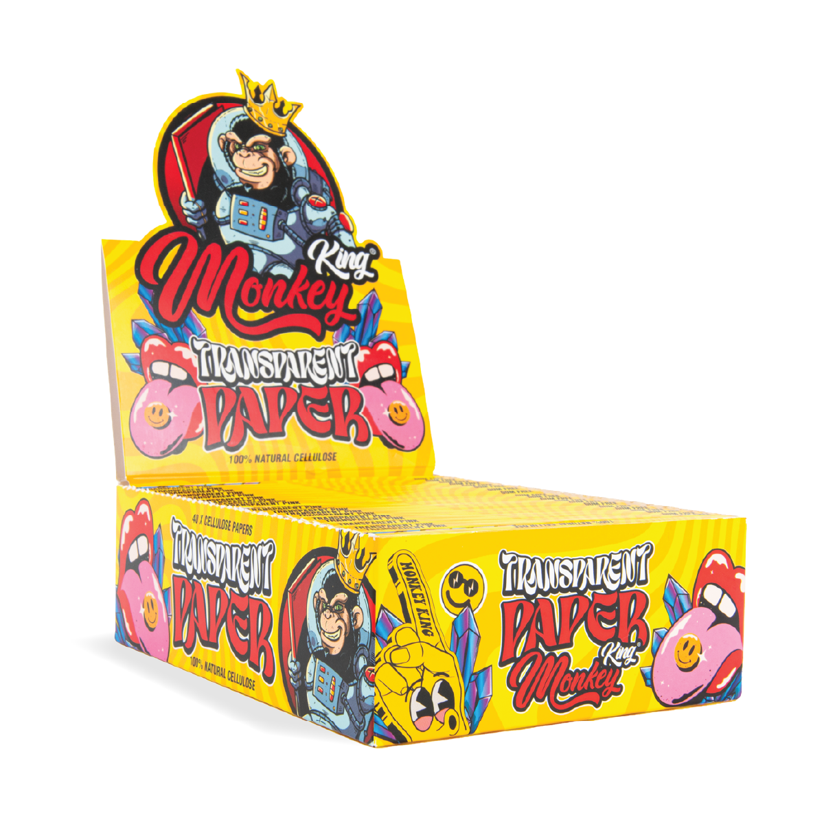 Box of King Monkey Transparent Papers with colorful design on a white background