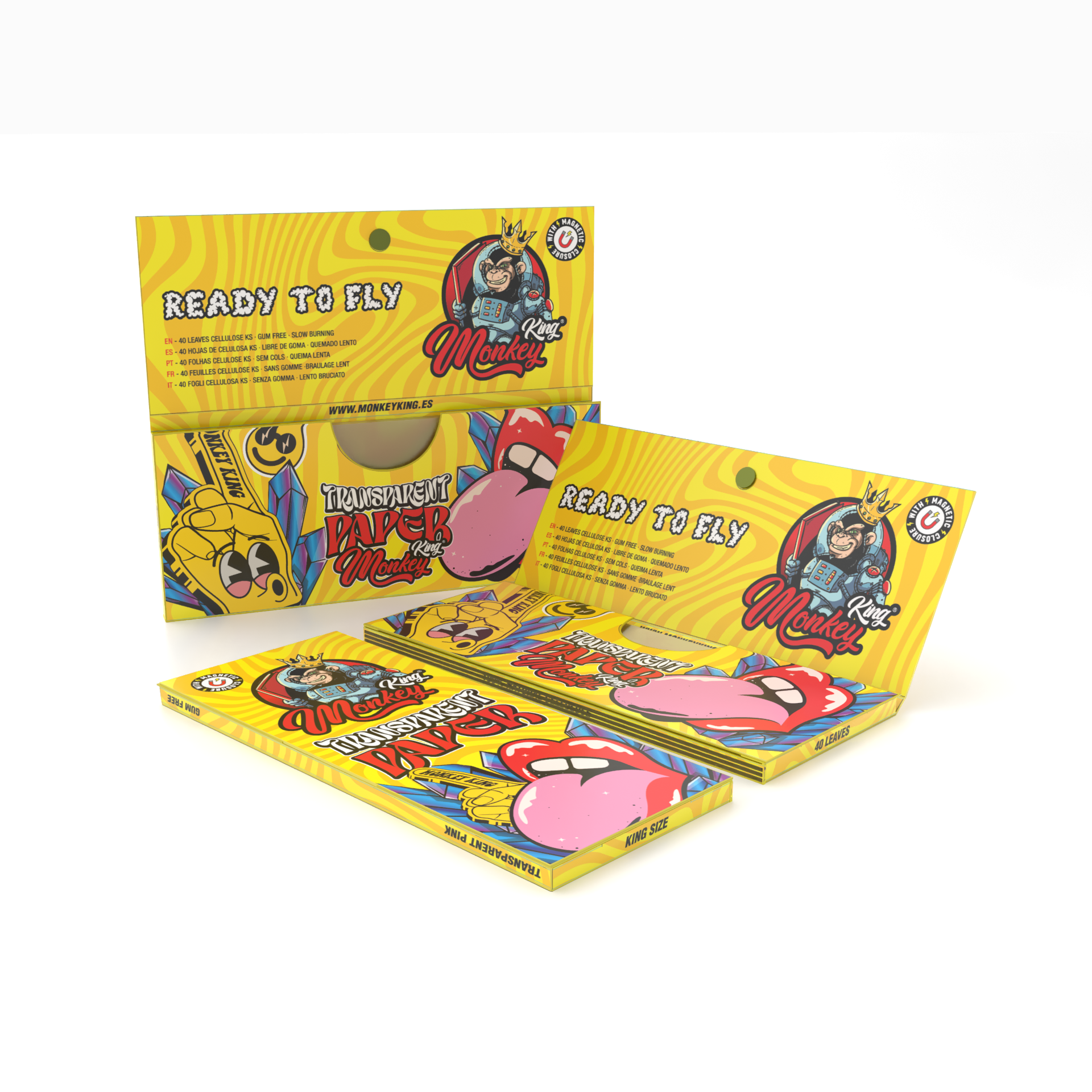 Yellow and red packaging with cartoon character on a white background