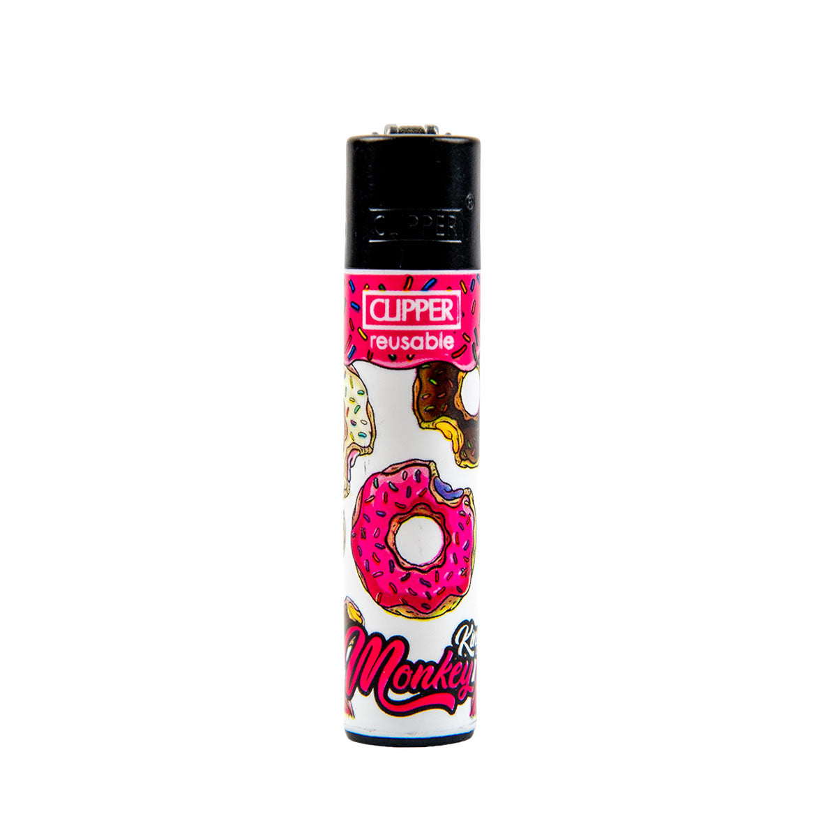 Lighter with colorful design featuring donuts and the brand 'Clipper' on a white background