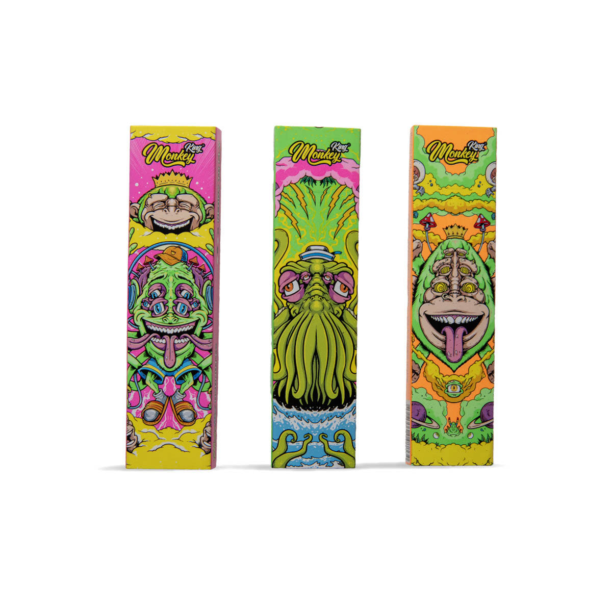 Three colorful packages with cartoonish designs on a white background
