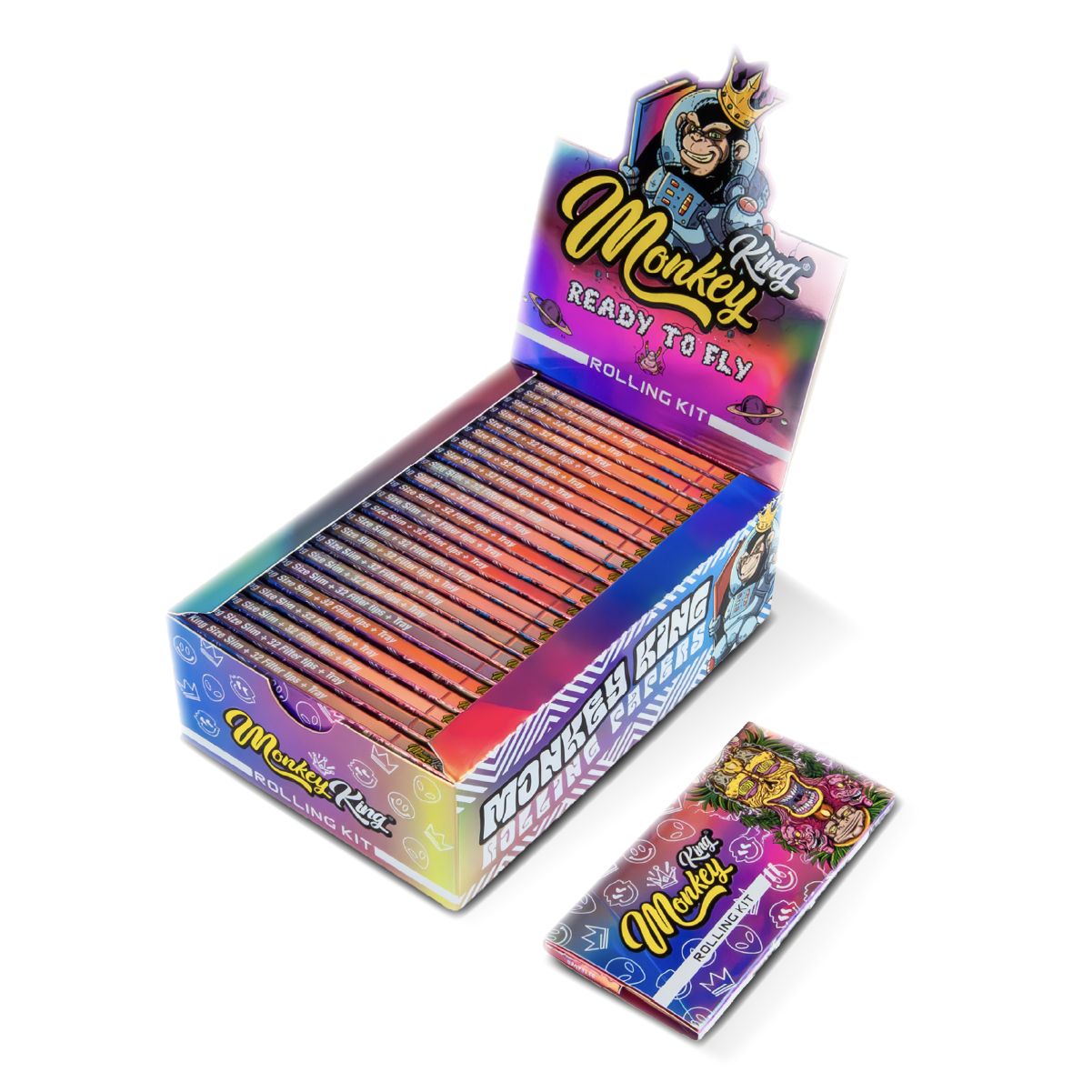 Box of Rolling Kits with colorful packaging featuring 'Monkey King' branding on a white background.