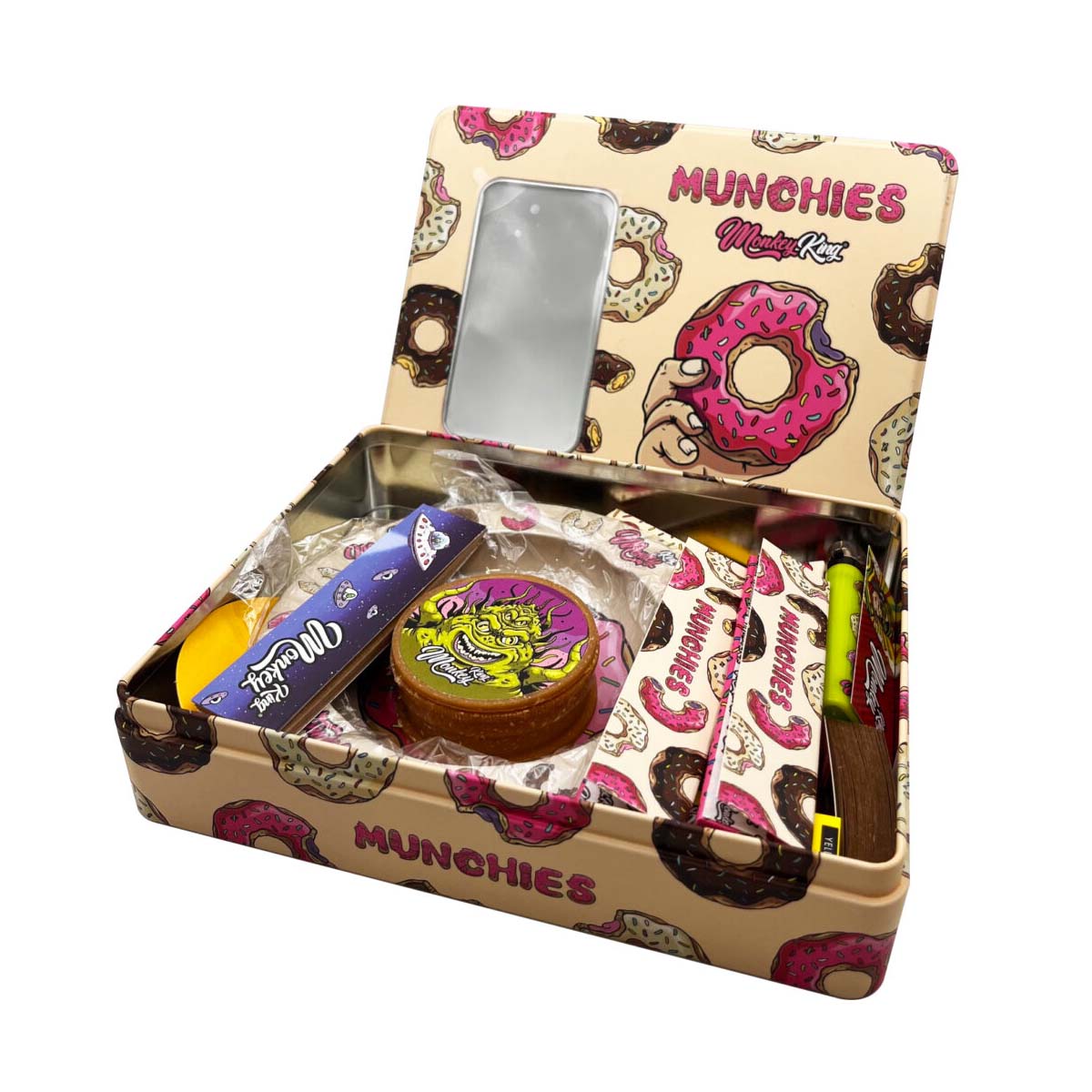 Open container with snacks and a phone, branded 'Munchies' with donut design.
