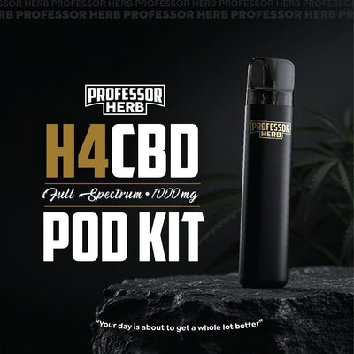 Black 'Professor Herb' H4CBD pod kit on a dark background with branding text.