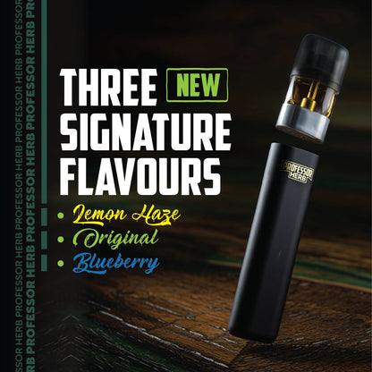 Black vape device with text about new signature flavors on a dark background