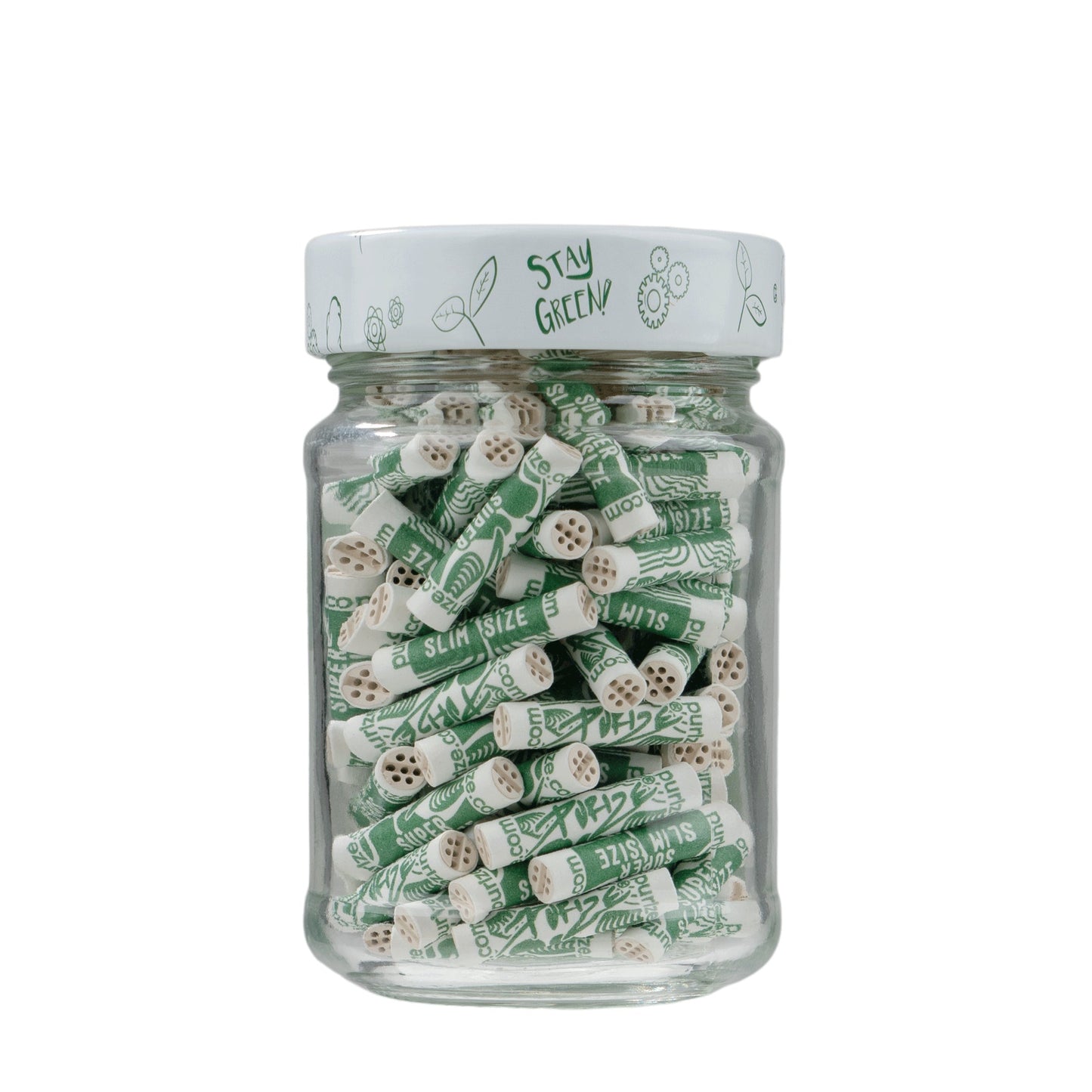 Jar of green and white cylindrical products with 'Stay Green' lid on a white background