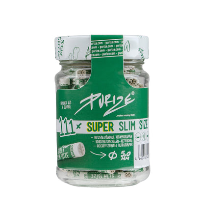 Jar of Purize 111 Super Slim size rolling papers with green label on a white background