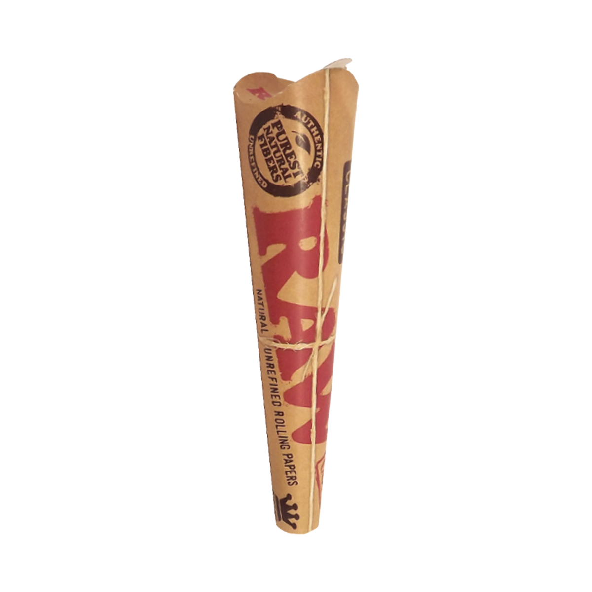 Kraft paper cone with red label and black text on a white background