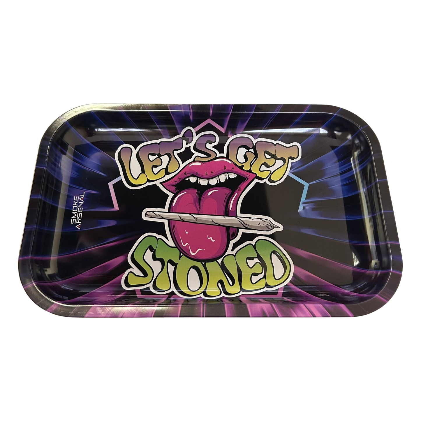 Metallic rolling tray with 'Let's Get Stoned' design featuring a tongue and marijuana joint on a black and purple background.