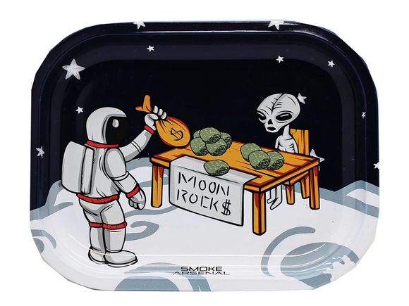 Rolling tray with space-themed design featuring an astronaut, alien, and 'Moon Rock' sign.
