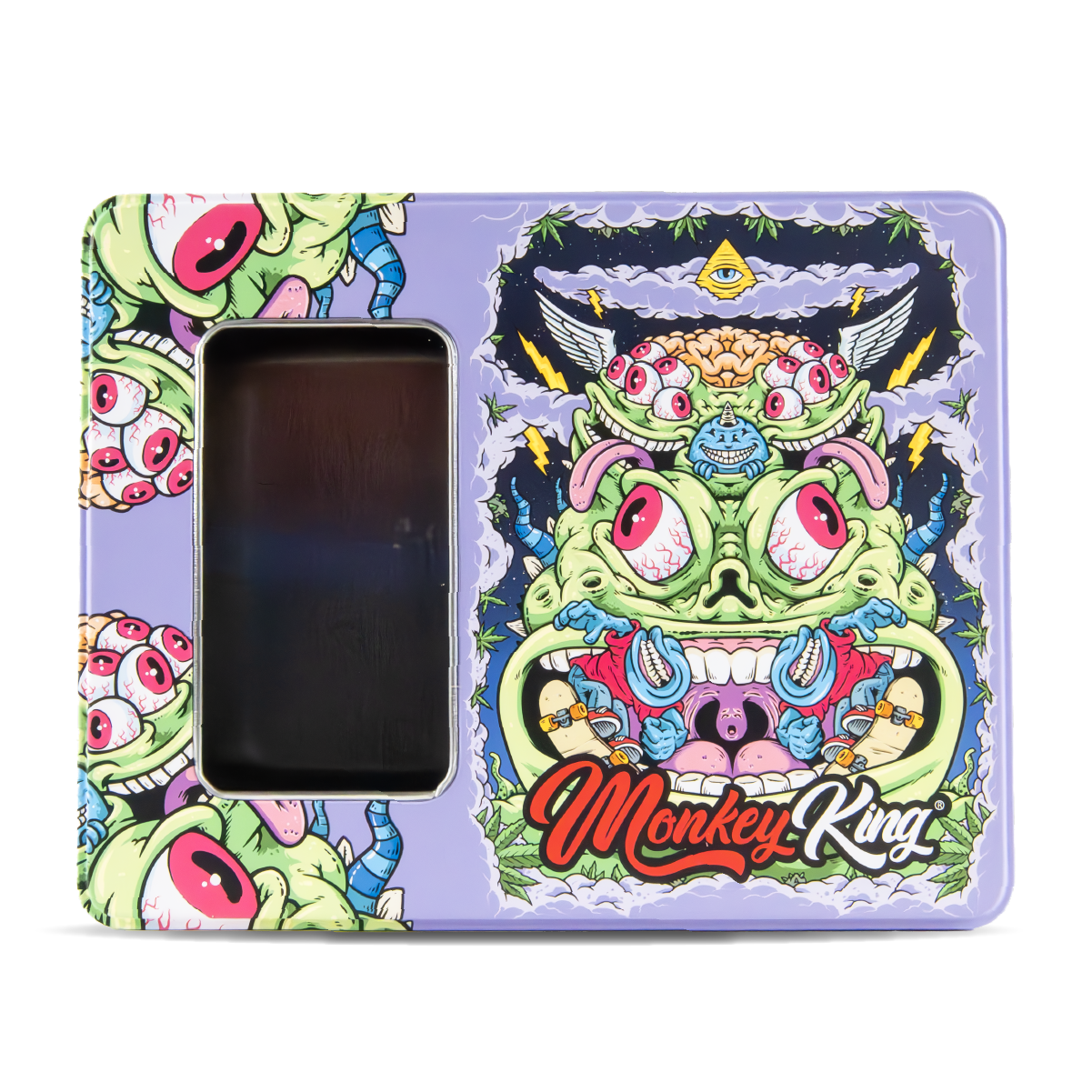 Colorful phone case with cartoon monkey design and 'Monkey King' text on a purple background