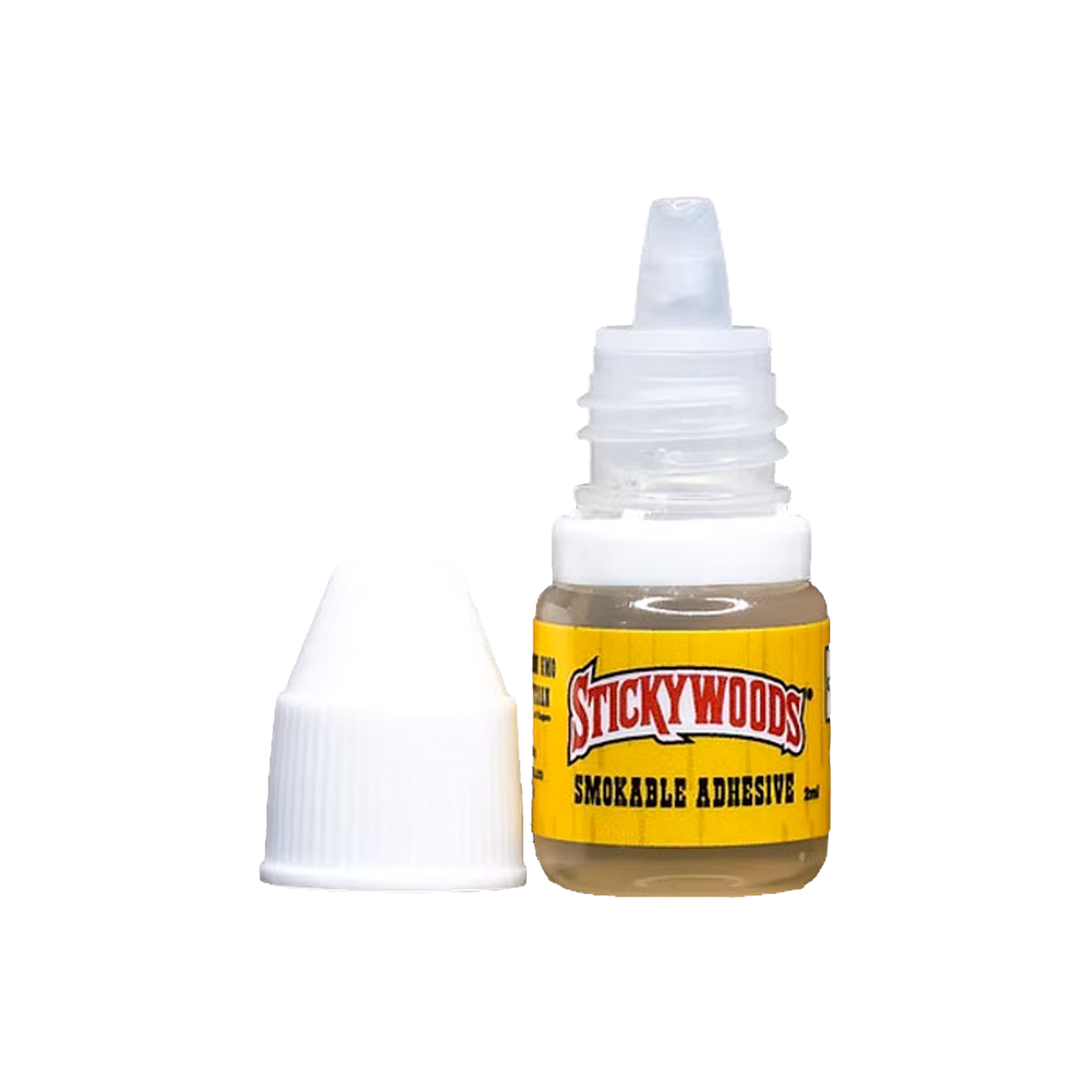 Bottle of Stickywoods smokable adhesive on a white background