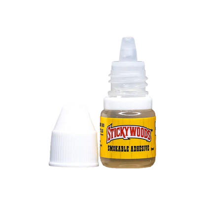 Bottle of Stickywoods smokable adhesive on a white background