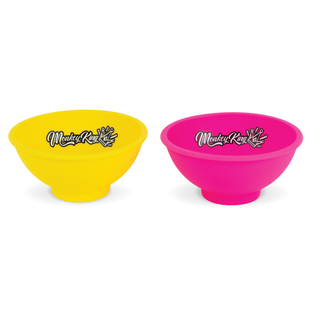 Two colorful bowls, one yellow and one pink, with a brand logo on a white background.