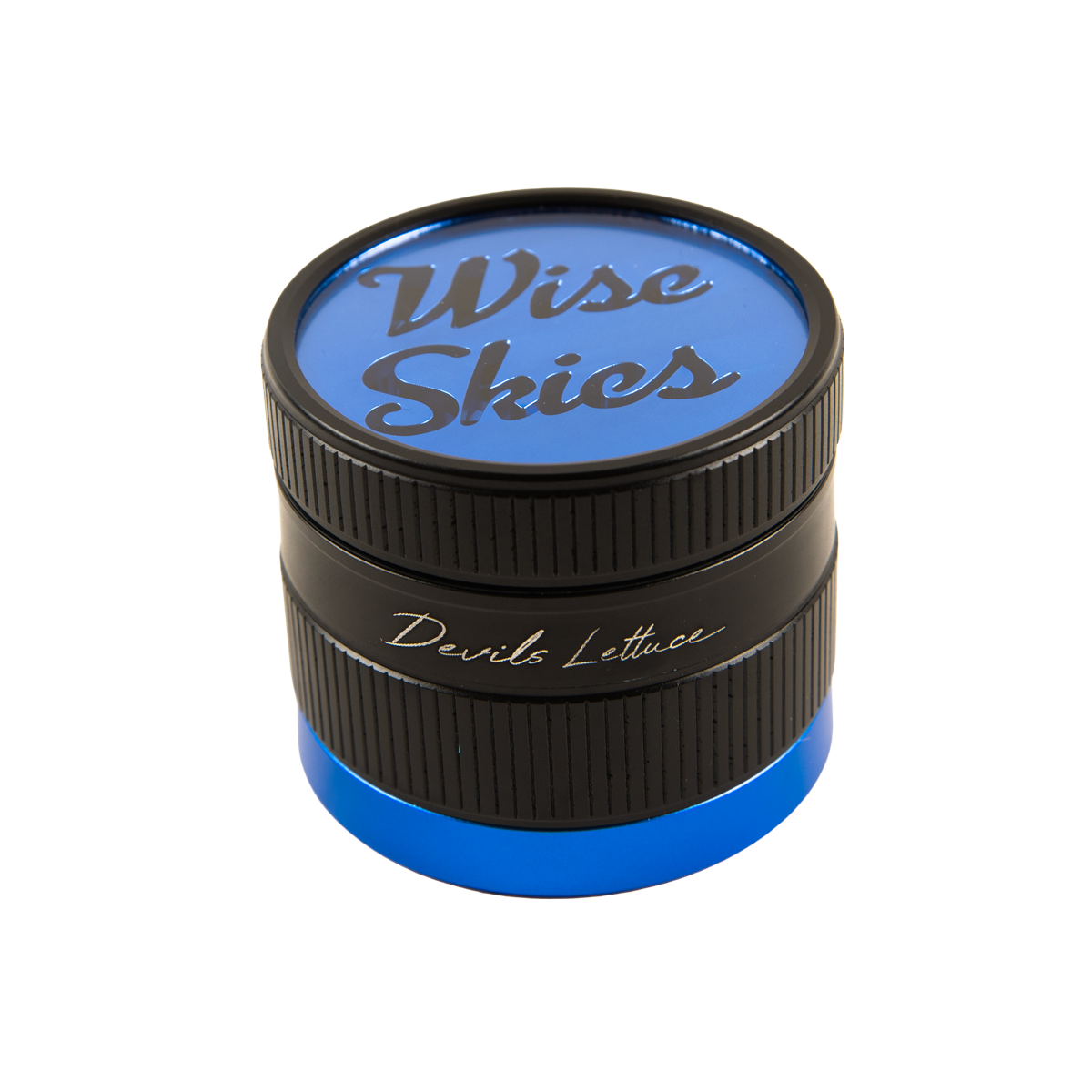 Blue and black container with 'Wise Skies' text on a white background