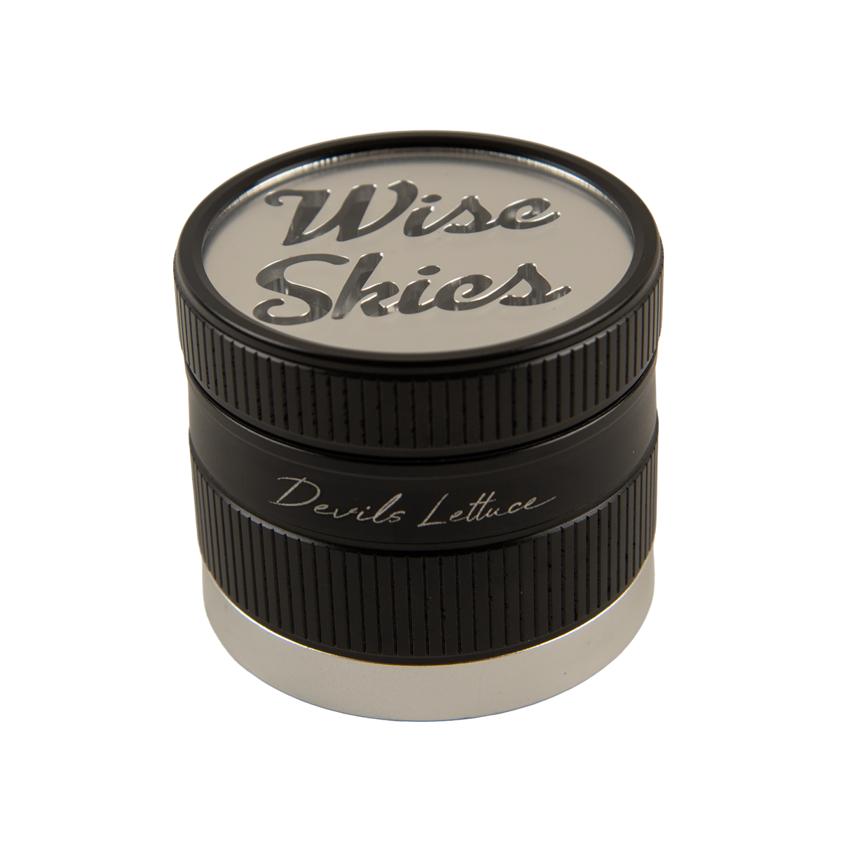 Black and silver grinder with 'Wise Skies' branding on a white background