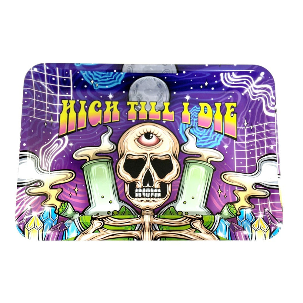 Colorful tray with skeleton design and 'High Till I Die' text on a white background
