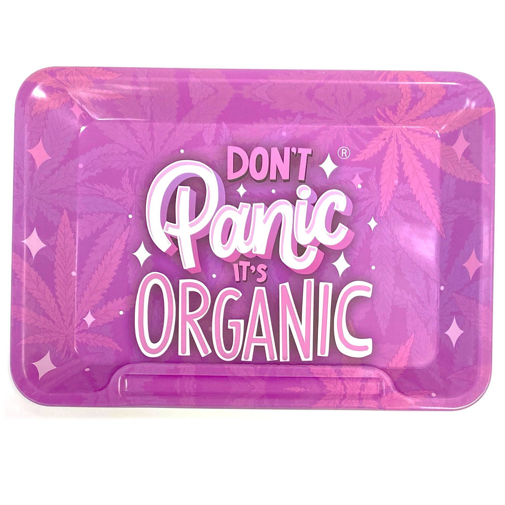 Pink & Purple tray with cannabis leaf design with 'Don't Panic It's Organic'