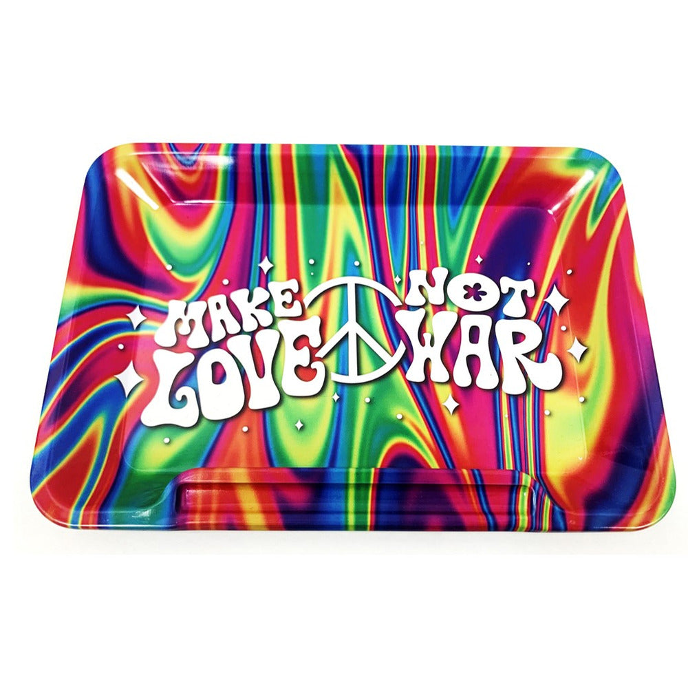 Colorful tray with 'Make Love Not War' text and peace symbol on a white background