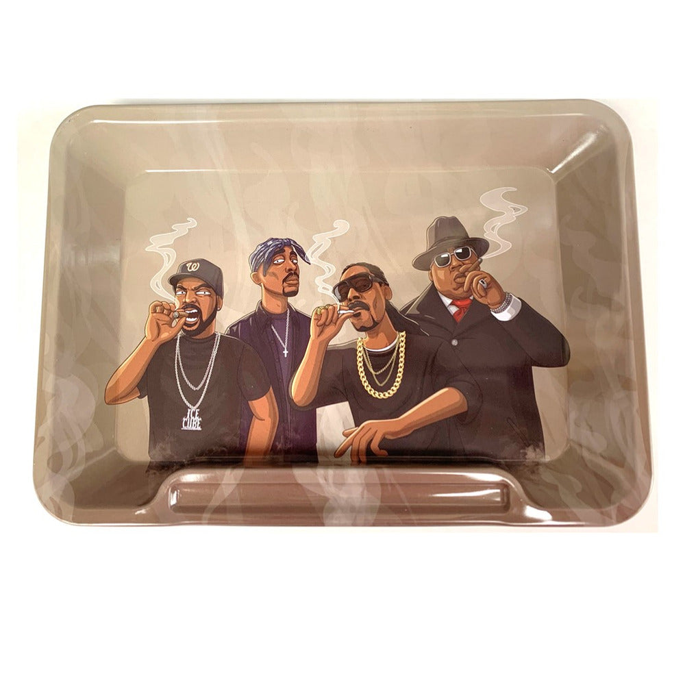 Rectangular tray with a graphic of four men smoking on a beige background