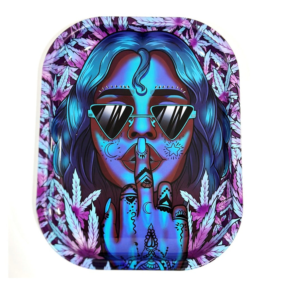 Colorful artwork of a person with sunglasses and tattoos, surrounded by floral patterns on a white background.